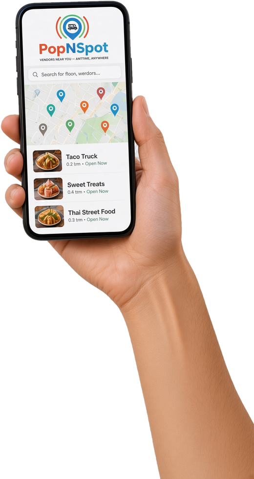 Hand holding the PopNSpot app in front of food stalls
