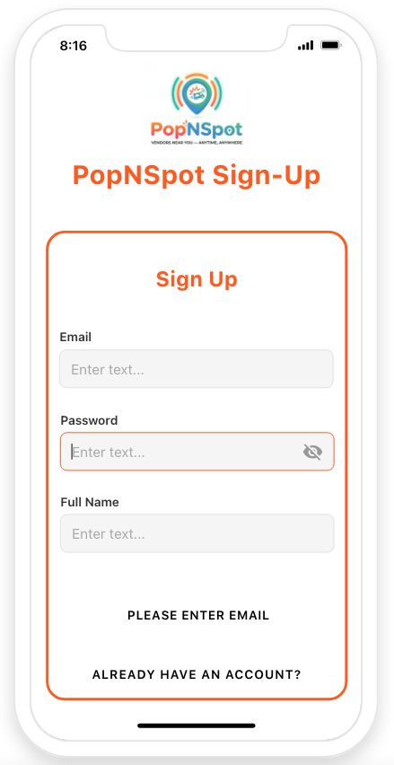 PopNSpot app sign-up screen with email, password, and full name